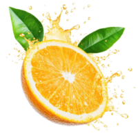 Fresh orange with splashes, showcasing juicy texture and vibrant color against white. png