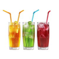 Refreshing colorful drinks served in tall glasses with ice and straws. png