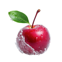 Fresh red apple with water droplets and green leaf on a bright background. png