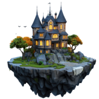 Whimsical floating mansion with enchanting architecture and vibrant trees. png