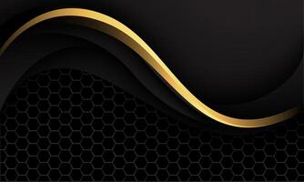Abstract gold line curve on black hexagon mesh luxury design modern background vector
