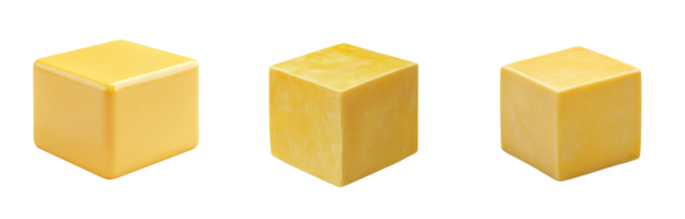 Three blocks of yellow cheese displayed from different angles png
