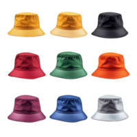 Nine Colorful Bucket Hats Arranged in a Grid png