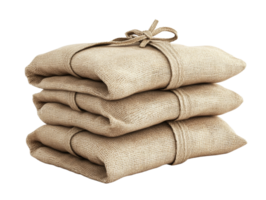 Stack of three burlap fabric bundles tied with twine png