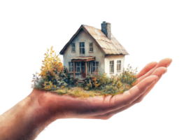 A Small House Nestled In A Hand With Surrounding Greenery png