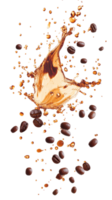 Coffee Beans Splashing in Brown Liquid. isolated png
