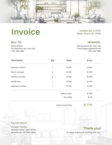 Green White Interior Design Invoice