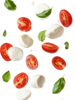 Fresh Mozzarella Tomatoes and Basil Falling Down png
