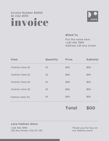 Simple Monochrome Fashion Store Invoice Template