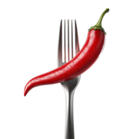 Red Chili Pepper Balanced On A Silver Fork. cut out png