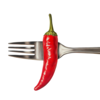 Red Chili Pepper Balanced on a Silver Fork. isolated png