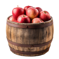Red Apples in a Rustic Wooden Barrel. isolated png