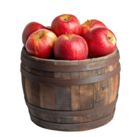 Red Apples in a Rustic Wooden Barrel. cut out png