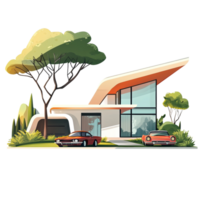 Modern House Design with Classic Cars in Front png
