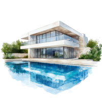 Modern House Architectural Watercolor Rendering With Pool png