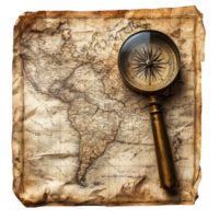 Old map of South America with a vintage compass placed on it for navigation and exploration purposes isolated on transparent background png