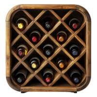 Wooden wine rack displaying a variety of bottles arranged in a creative design at home isolated on transparent background png