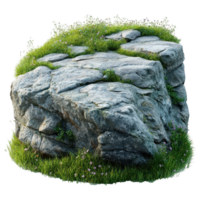 Natural rock formation covered with grass and wildflowers in a serene outdoor setting during daylight isolated on transparent background png