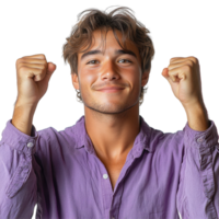 Young man celebrates success with raised fists and a joyful smile against a light background, showing enthusiasm and positivity isolated on transparent background png