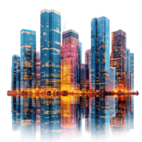 City skyline at dusk reflecting in water, showcasing modern architecture and colorful lights isolated on transparent background png