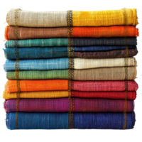 Vibrant handwoven textiles stacked neatly on display in an artisan market setting isolated on transparent background png