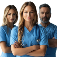 Healthcare professionals in scrubs standing confidently with arms crossed and stethoscopes around their necks isolated on transparent background png
