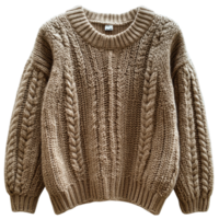 Cozy beige knitted sweater with textured patterns ready for winter styling in chilly weather isolated on transparent background png