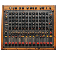 Vintage sound mixer console with numerous dials and sliders, indicative of a dedicated audio workstation setup isolated on transparent background png