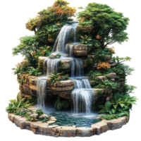 Cascading waterfall surrounded by lush greenery in a serene natural setting with colorful foliage isolated on transparent background png