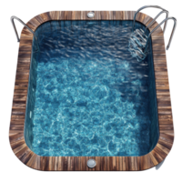 Beautiful rectangular swimming pool with clear blue water and wooden deck, ideal for relaxation in warm weather isolated on transparent background png