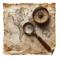 Vintage world map with compass and magnifying glass on aged parchment paper displayed artfully on a rustic surface isolated on transparent background png