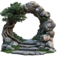 Natural stone archway surrounded by greenery leads to a mystical path in a serene outdoor setting isolated on transparent background png