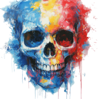 Colorful abstract skull art with vibrant hues of blue, yellow, and red creating a striking visual impact isolated on transparent background png