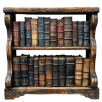 Collection of vintage books displayed on a rustic wooden shelf in a cozy library setting isolated on transparent background png