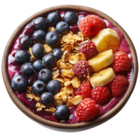 Delicious smoothie bowl topped with fresh fruits and granola for a healthy breakfast isolated on transparent background png