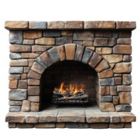 Rustic stone fireplace with crackling fire in a cozy indoor setting during winter evenings isolated on transparent background png