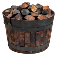 Wooden bucket filled with stacked firewood ready for use in a cozy setting isolated on transparent background png