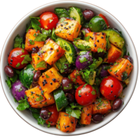 Colorful salad with tomatoes, cucumbers, and black beans served in a bowl on a white background isolated on transparent background png