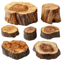 Natural wooden logs arranged in various shapes and sizes showcasing unique textures and patterns isolated on transparent background png