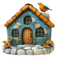 Charming decorative birdhouse with colorful flowers and a singing bird perched on top during a sunny day isolated on transparent background png