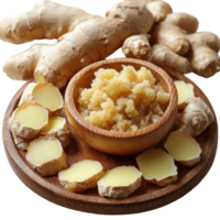 Fresh ginger root and ginger paste arranged on a wooden platter for cooking and health benefits in a kitchen setting isolated on transparent background png