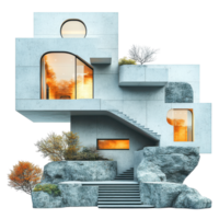 Unique modern architecture blends with natural rock formations in a striking visual composition isolated on transparent background png