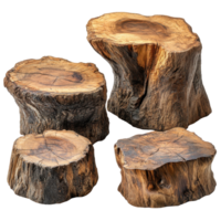 Natural wood tree stumps arranged in various sizes showcasing unique grain patterns and textures ideal for home decor isolated on transparent background png