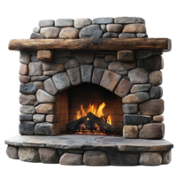 Warm and inviting stone fireplace with a rustic mantel and crackling firewood glowing in a cozy setting isolated on transparent background png