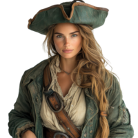 Woman dressed as a pirate stands confidently with an adventurous expression and striking outfit featuring a green hat and rugged attire isolated on transparent background png