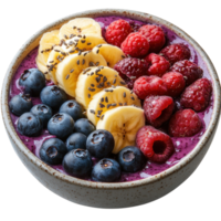 Colorful smoothie bowl topped with fresh fruits and chia seeds served in a ceramic bowl isolated on transparent background png