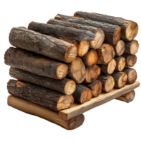 Stacked logs on a wooden base for firewood storage in a rustic setting during daylight hours isolated on transparent background png