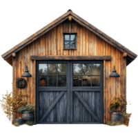 Rustic wooden barn with a charming facade and decorative elements in a tranquil outdoor setting isolated on transparent background png