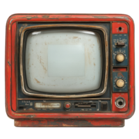 Vintage red television set with worn out exterior and empty screen showcasing retro design elements from the mid-20th century isolated on transparent background png