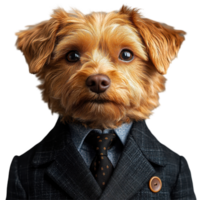 Cute dog dressed in a suit with a tie, posing for a formal portrait in a stylish setting isolated on transparent background png